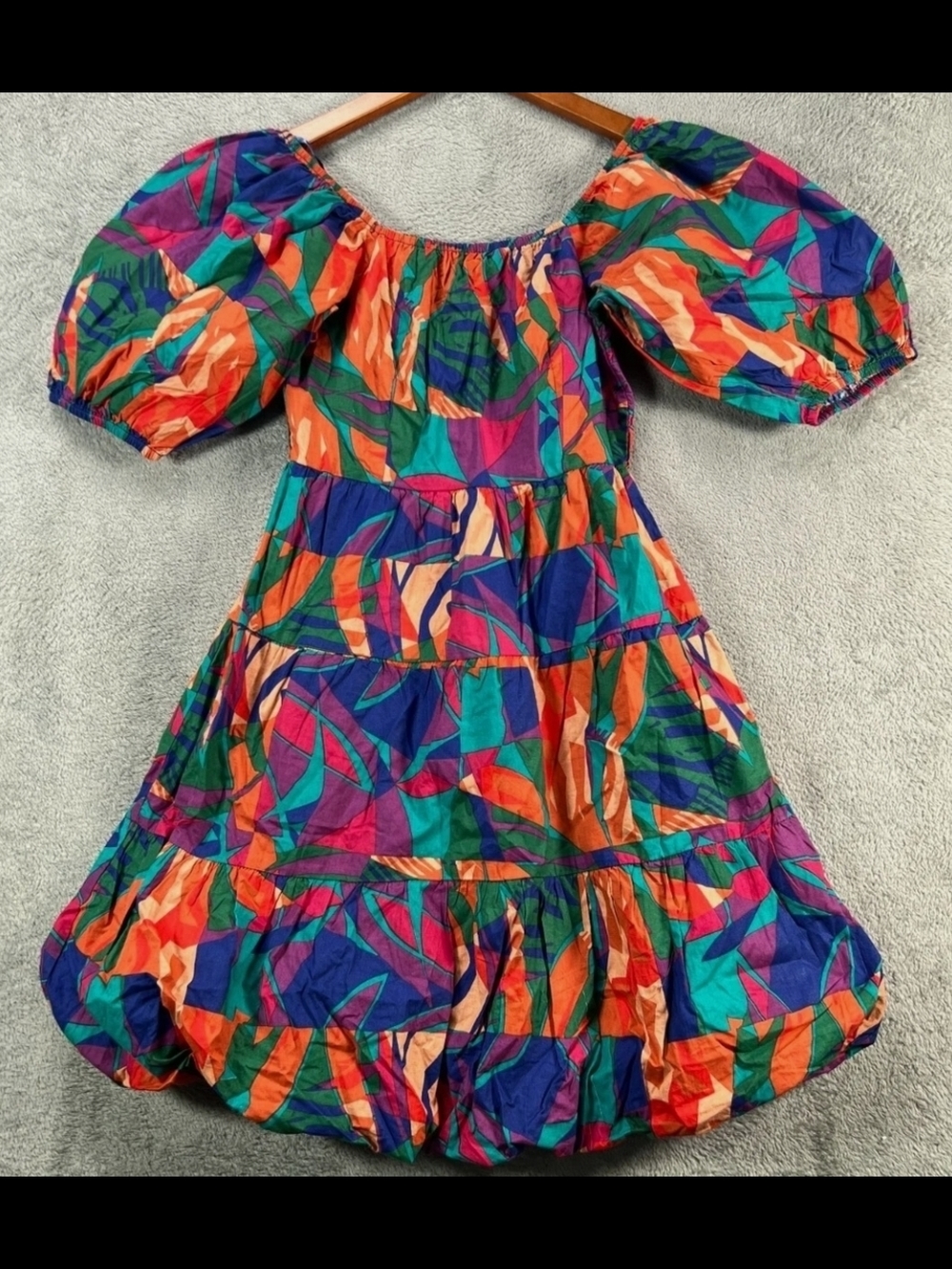 Vibrant Multi-Color Puff Sleeve Midi Dress